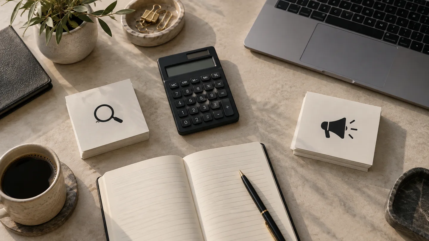 Editorial illustration of search and advertising planning cards beside a calculator and notebook.