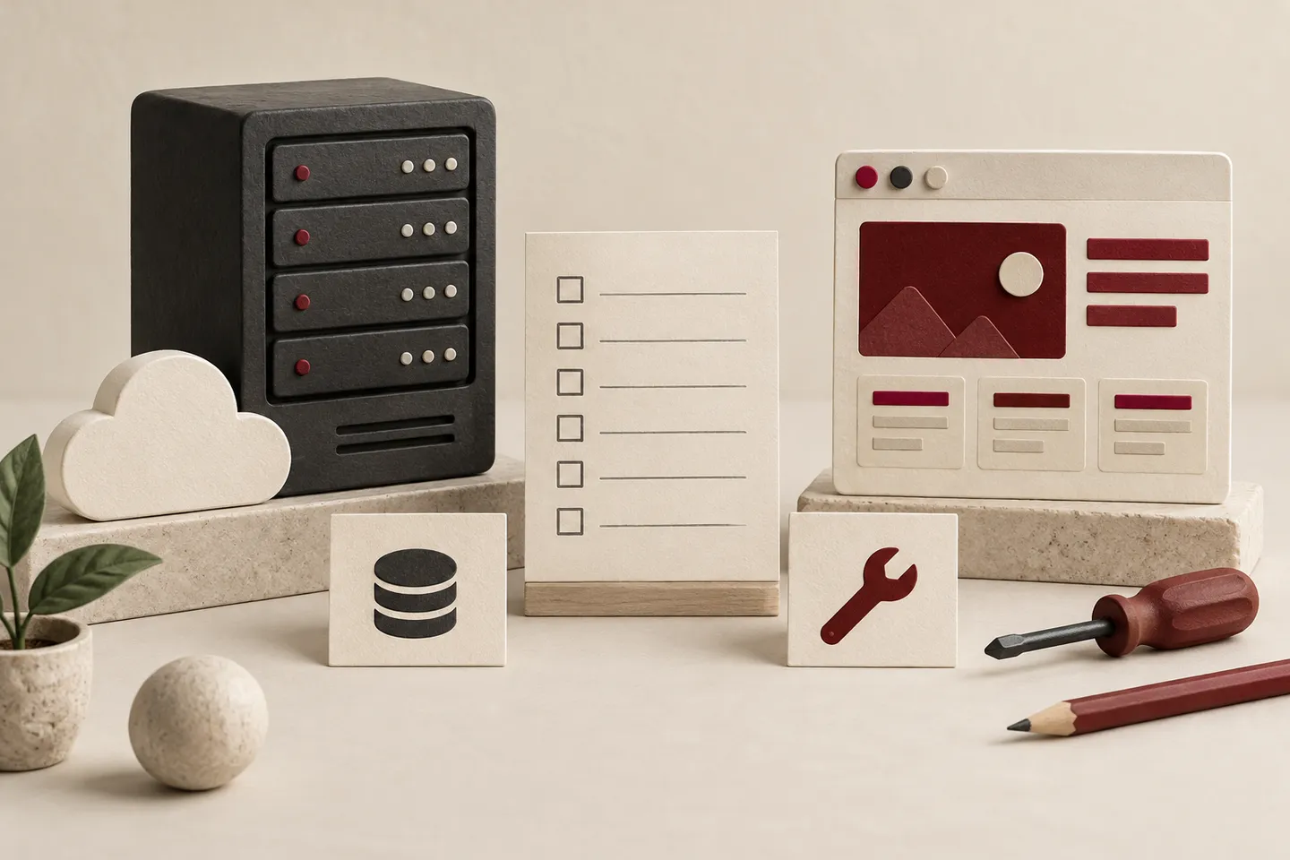 Editorial illustration of a server, website model and separate responsibility cards.