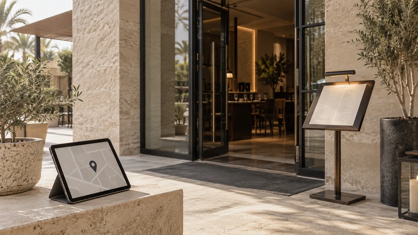 Editorial illustration of a restaurant entrance, menu stand and tablet with a location pin.
