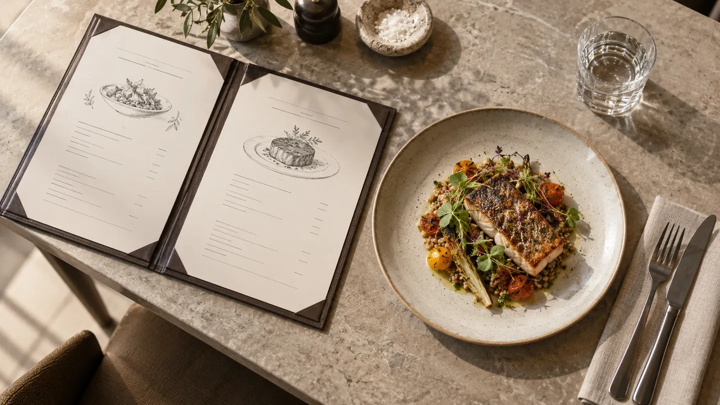 Editorial illustration of an open restaurant menu beside a plated meal and water glass.