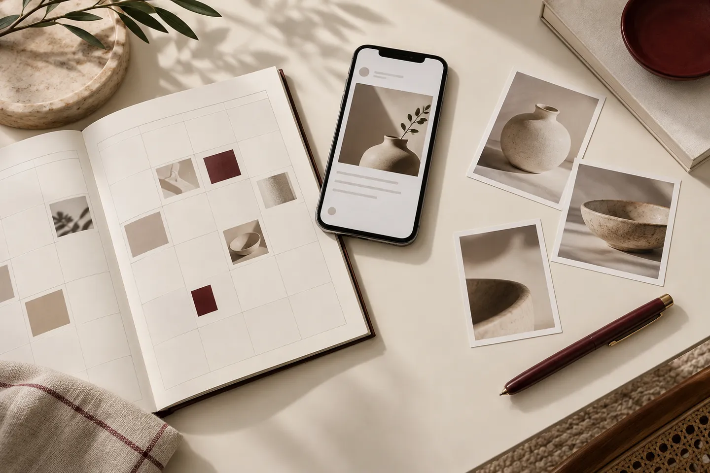 Editorial illustration of a content planner, a phone with an abstract post and sample ceramic photographs.