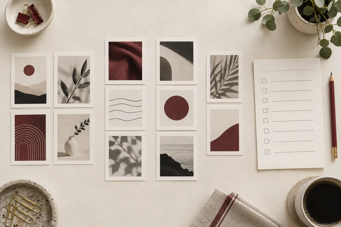 Editorial illustration of twelve content cards arranged in four groups beside an approval checklist.