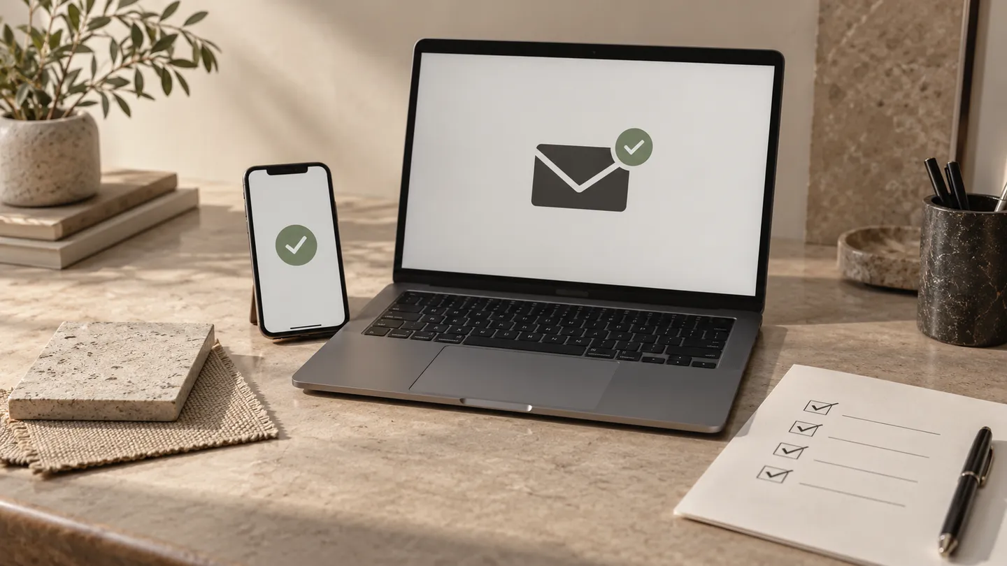 Editorial illustration of a laptop inbox and phone confirmation beside a supplier enquiry checklist.