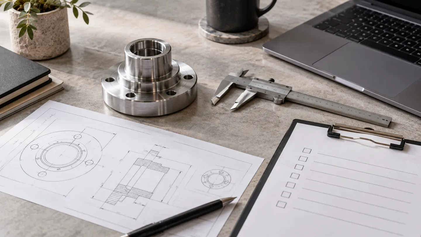 Editorial illustration of a machined part, caliper, technical drawing and quotation checklist.