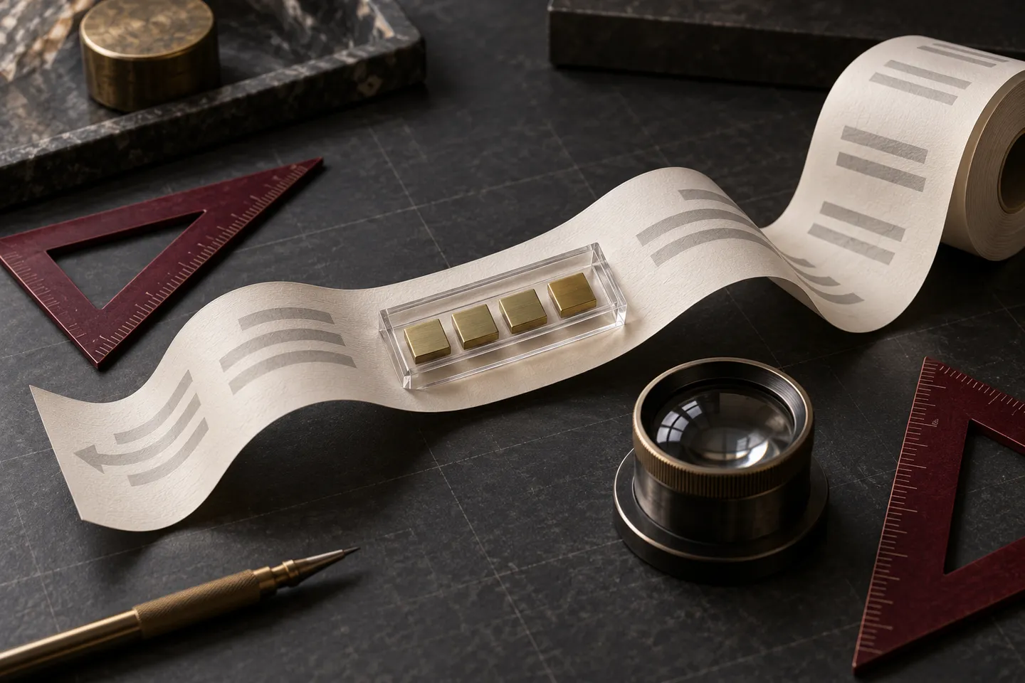 An inspection lens and alignment tools frame a receipt ribbon containing a separate capsule of ordered tokens.