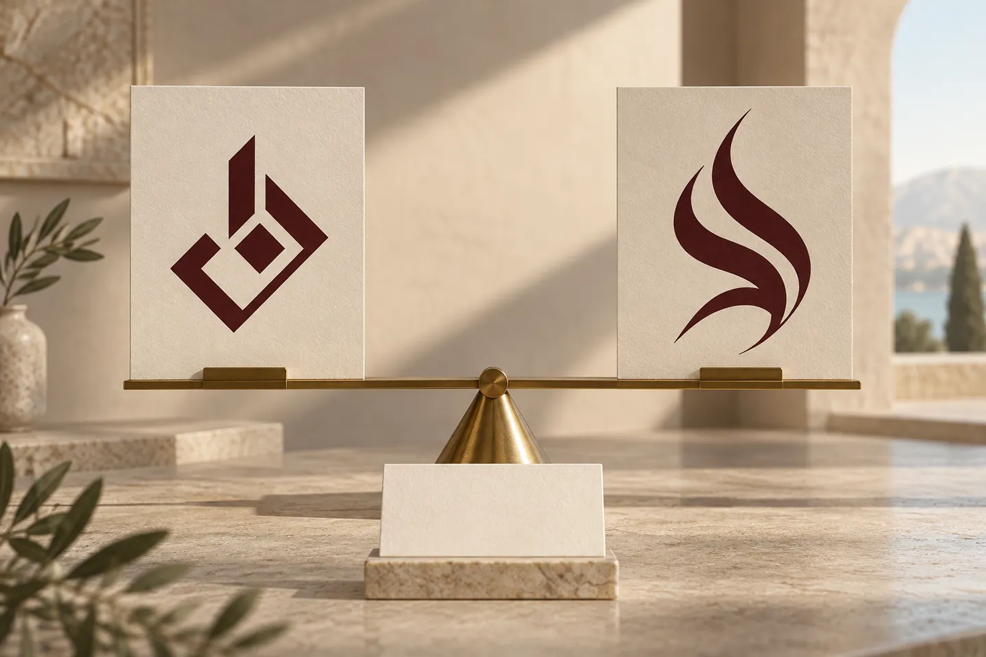 Flowing and geometric abstract marks balance on two paper panels.