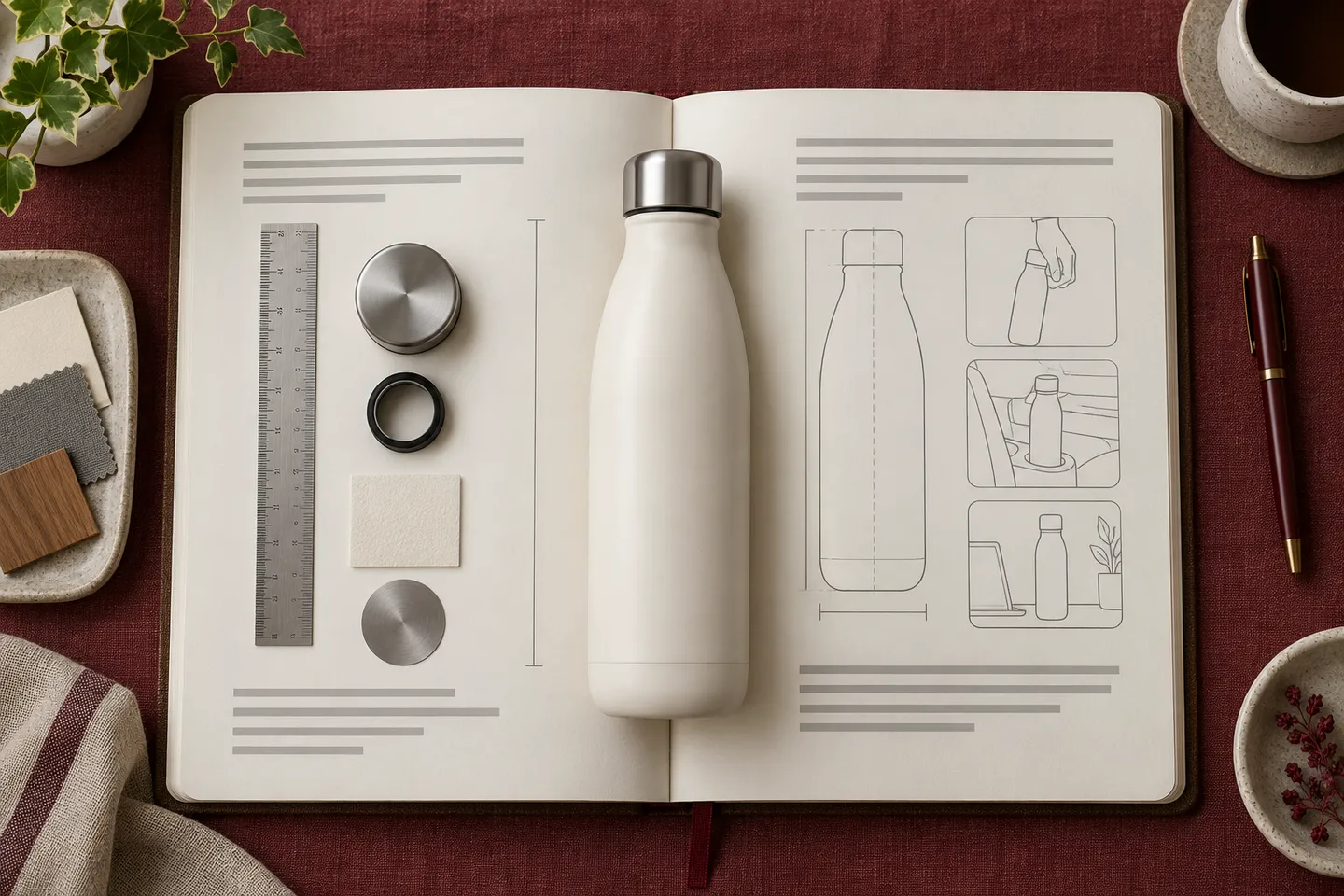 A water bottle sits between measurement samples and use-case sketches on two notebook pages.
