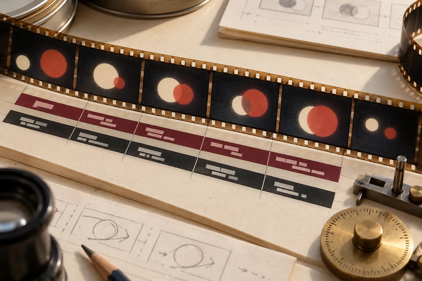 A film strip showing circular shapes is aligned with two separate caption tracks and a timing dial.