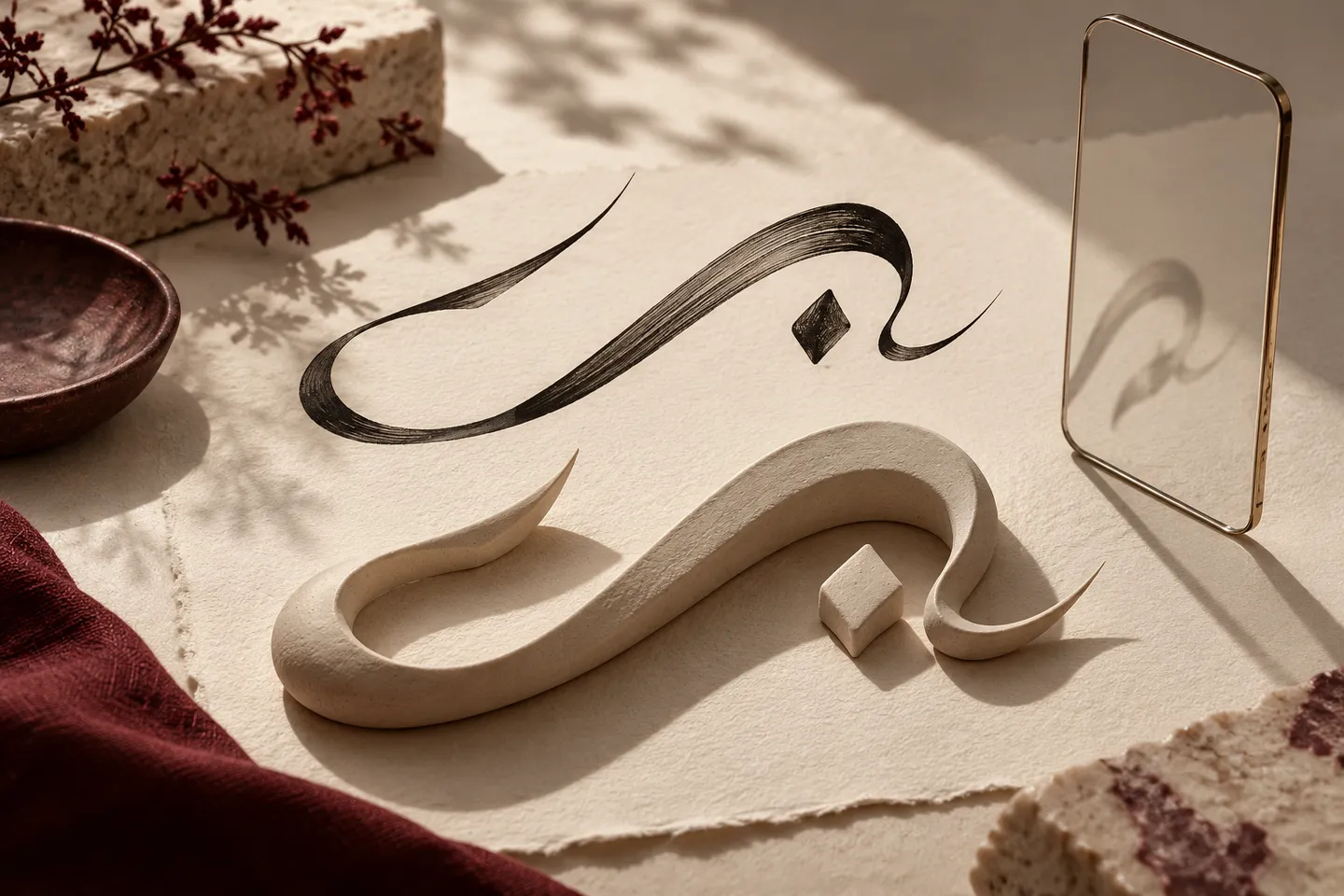 شكل خطي داكن رفيع فوق نظير أكثر سمكاً من الطين بجانب إطار زجاجي يشبه الهاتف.