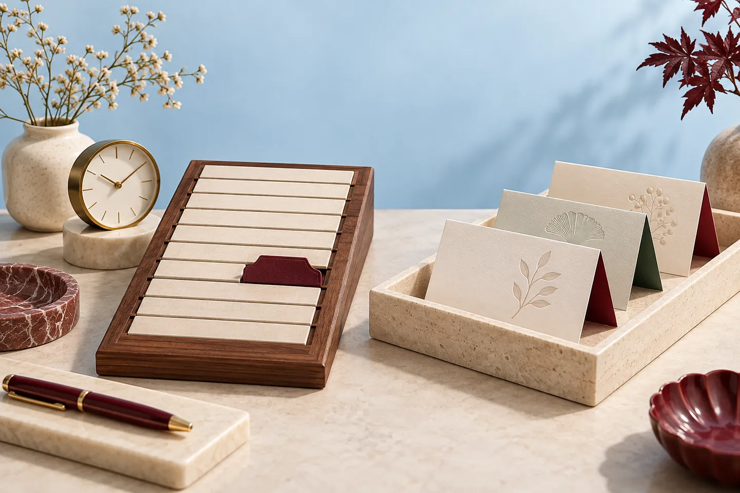 Reservation token in a slotted planner beside a clock and a separate tray of enquiry cards.