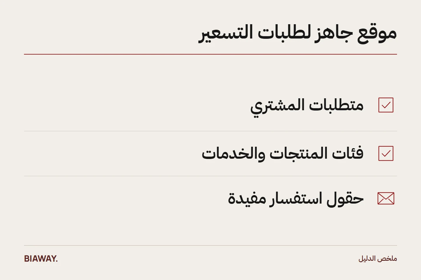 مخطط موقع جاهز لطلبات التسعير يوضح متطلبات المشتري، فئات المنتجات والخدمات، حقول استفسار مفيدة.