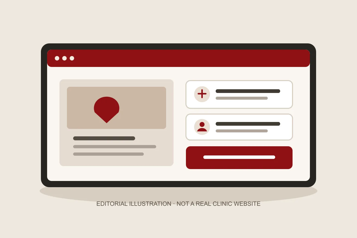 A conceptual dental-clinic website layout with treatment information, clinician profile and a clear contact action.