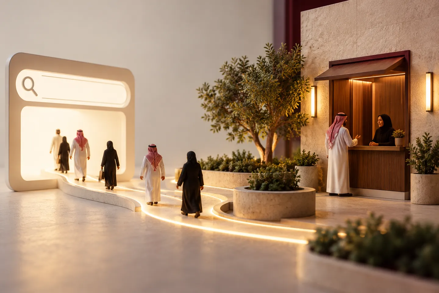 مدخل خدمة بلا علامة يصل إليه مسار مضاء من إطار بحث وينتهي بنافذة تواصل.