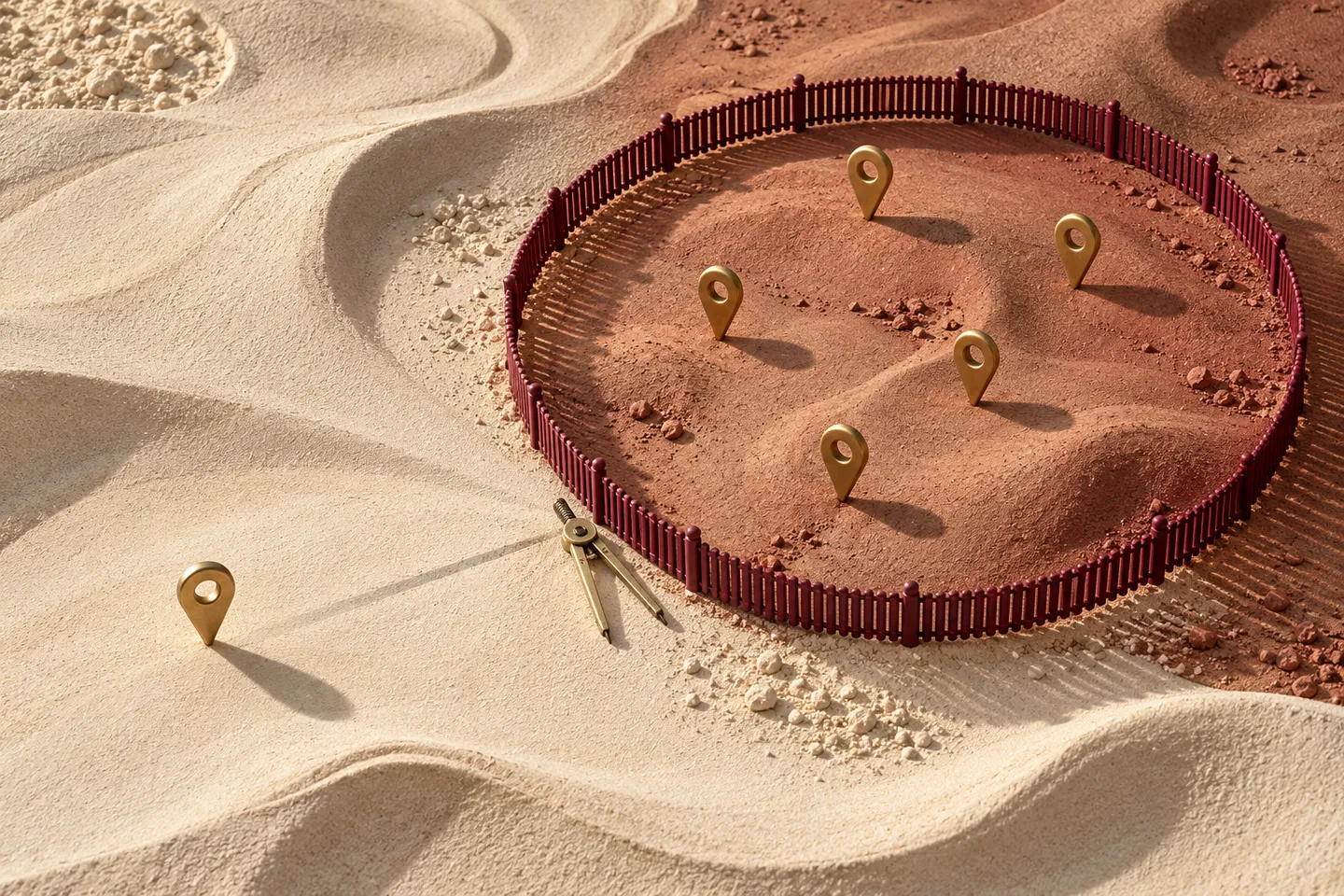 Brass location pins sit inside and outside a circular burgundy fence on an abstract terrain.