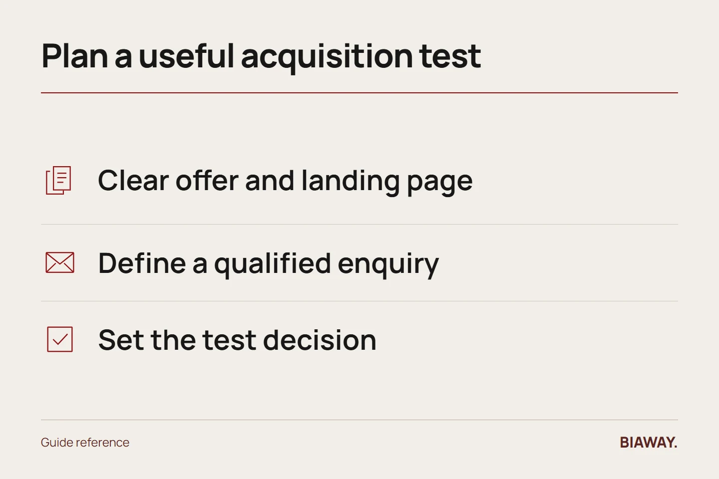 Plan a useful acquisition test diagram showing clear offer and landing page, define a qualified enquiry, set the test decision.