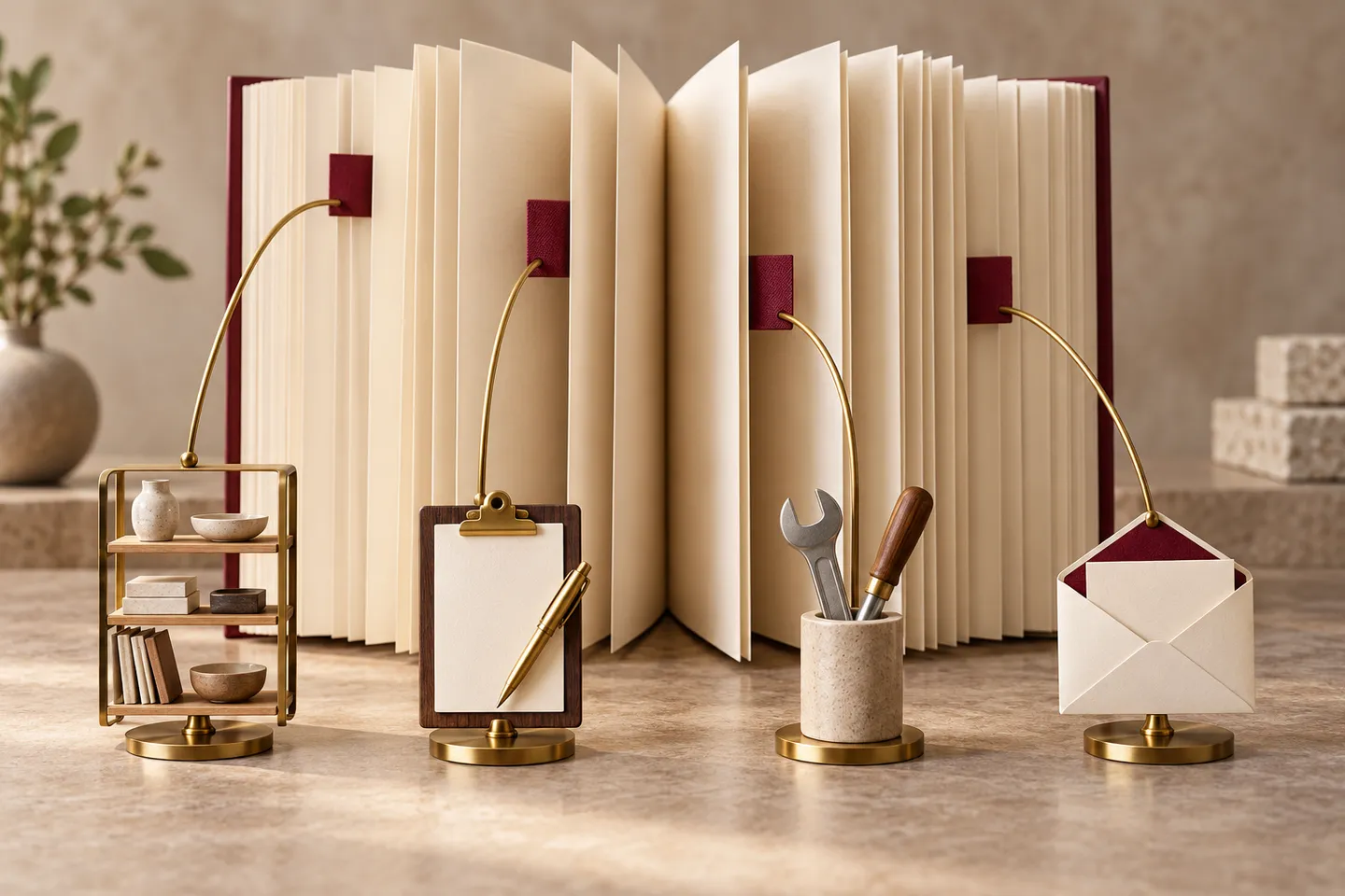 Four bookmarks connect an open book to a catalogue shelf, quotation board, tools and an envelope.