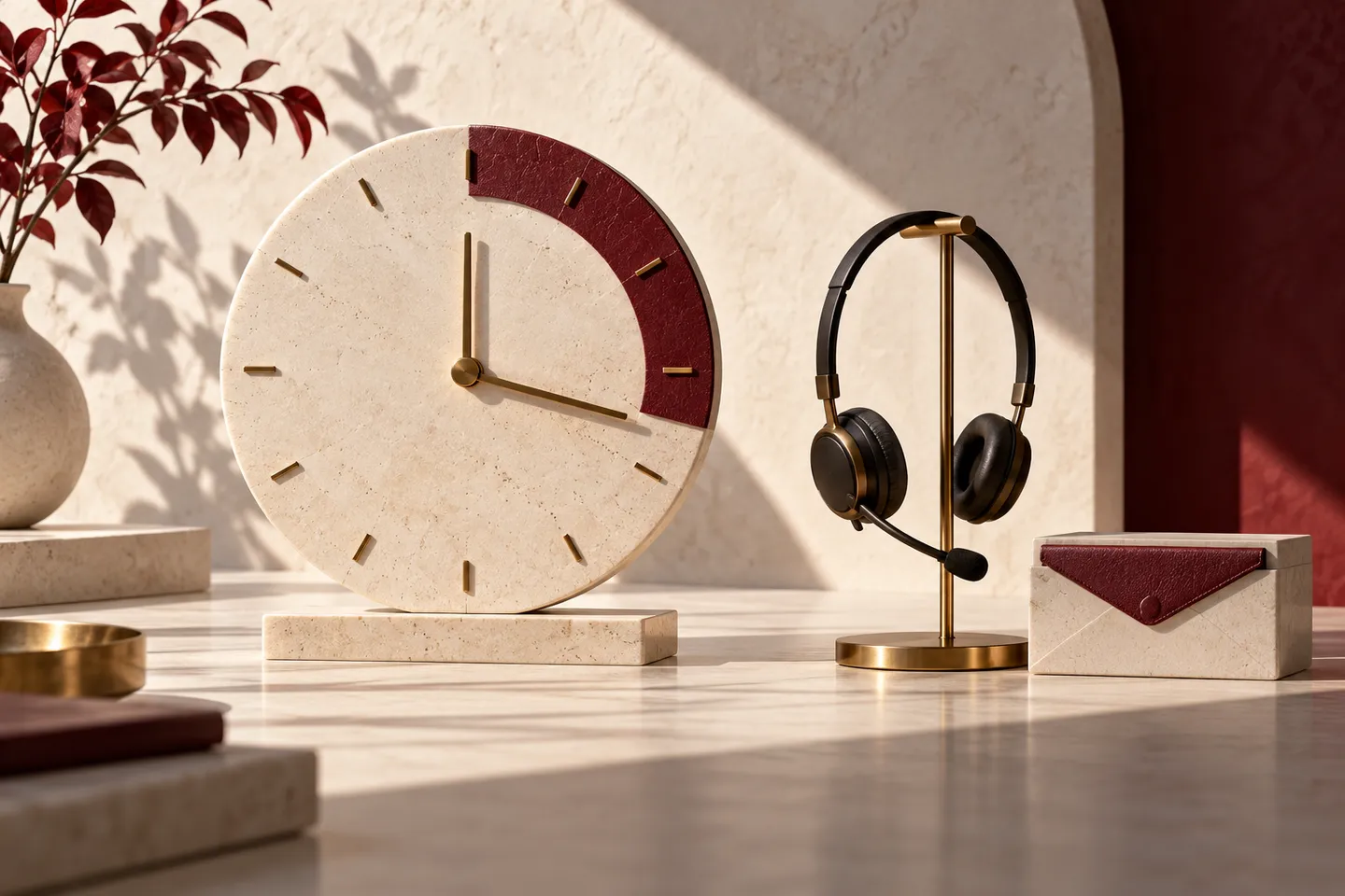 Clock with a burgundy time segment beside a headset and an envelope-shaped box.