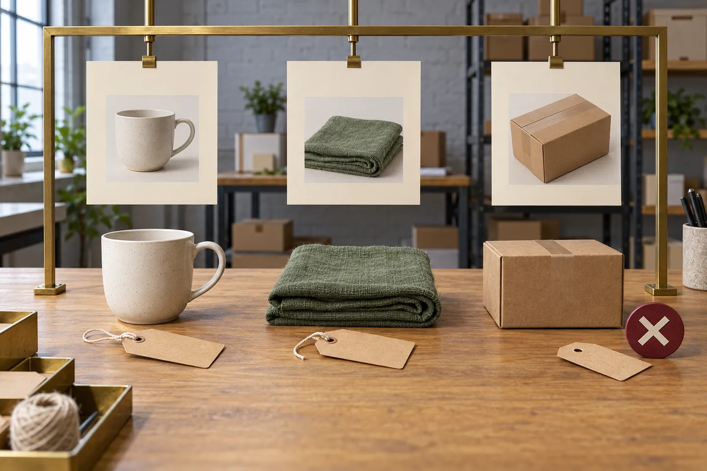A cup, folded fabric and a box are aligned with matching product cards and separate identity tags.