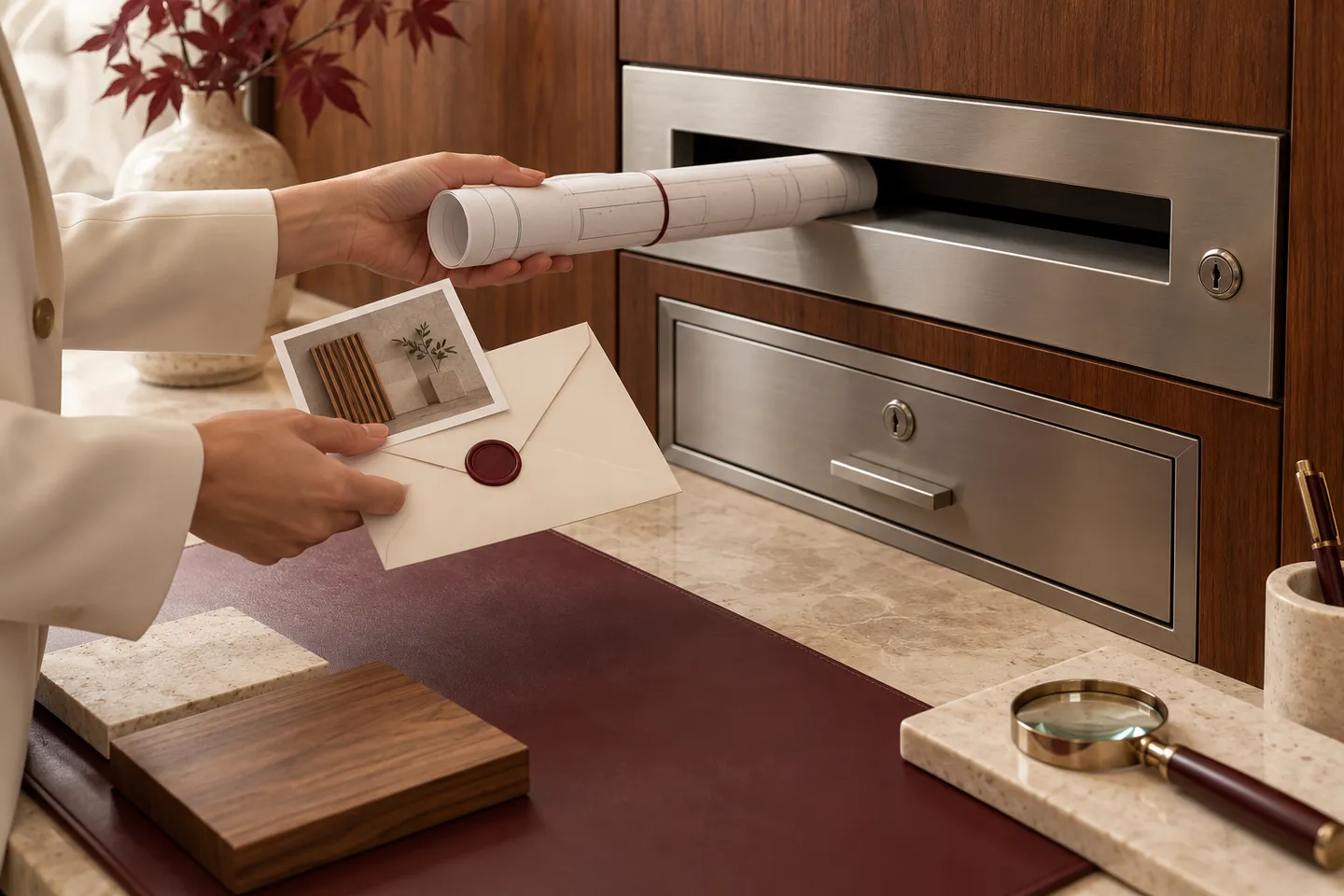 Hands offer a rolled drawing, reference photograph and sealed envelope at a lockable document slot.