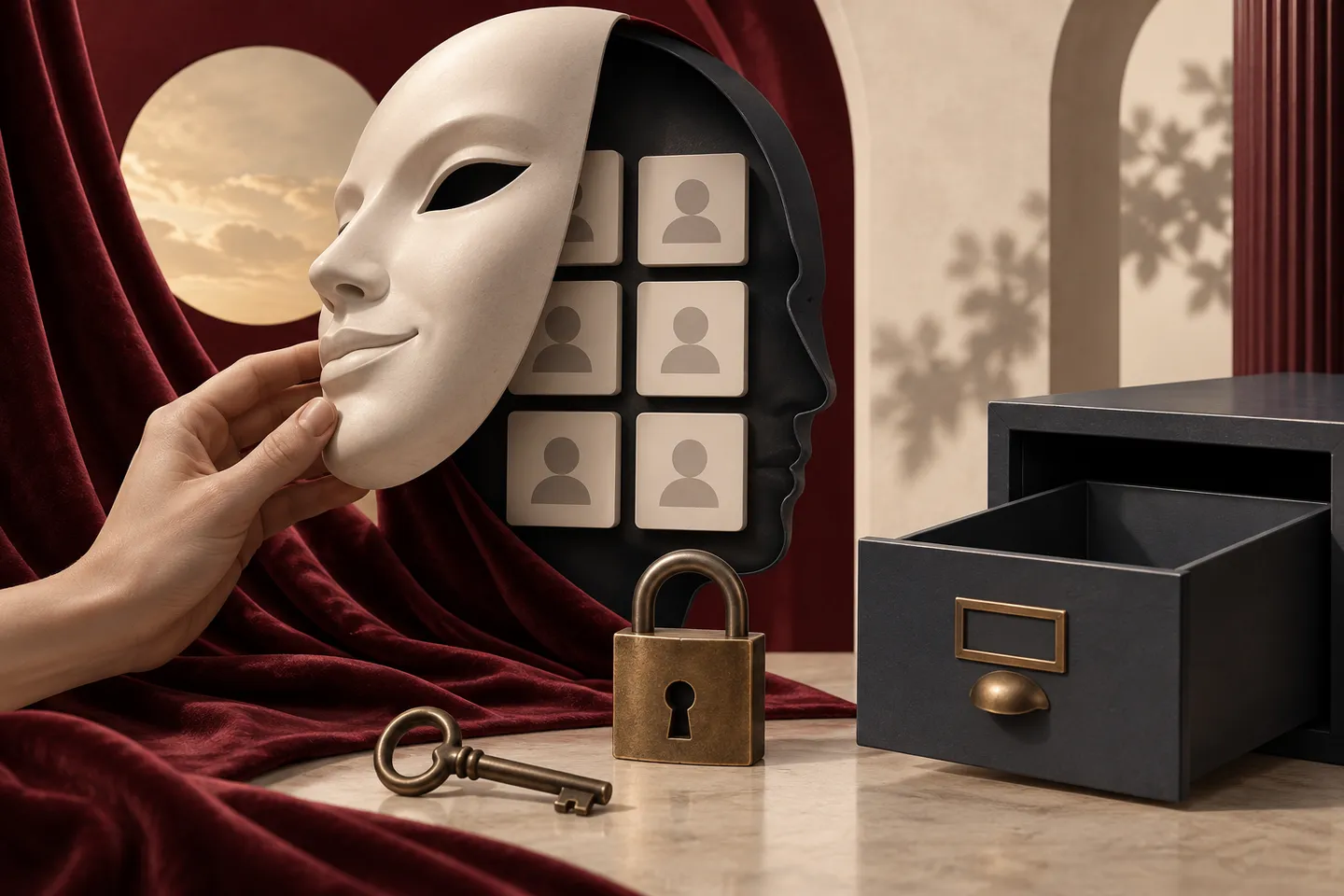 قناع مرفوع يكشف بطاقات حساب متكررة بجوار قفل حساب ودرج أدلة فارغ.