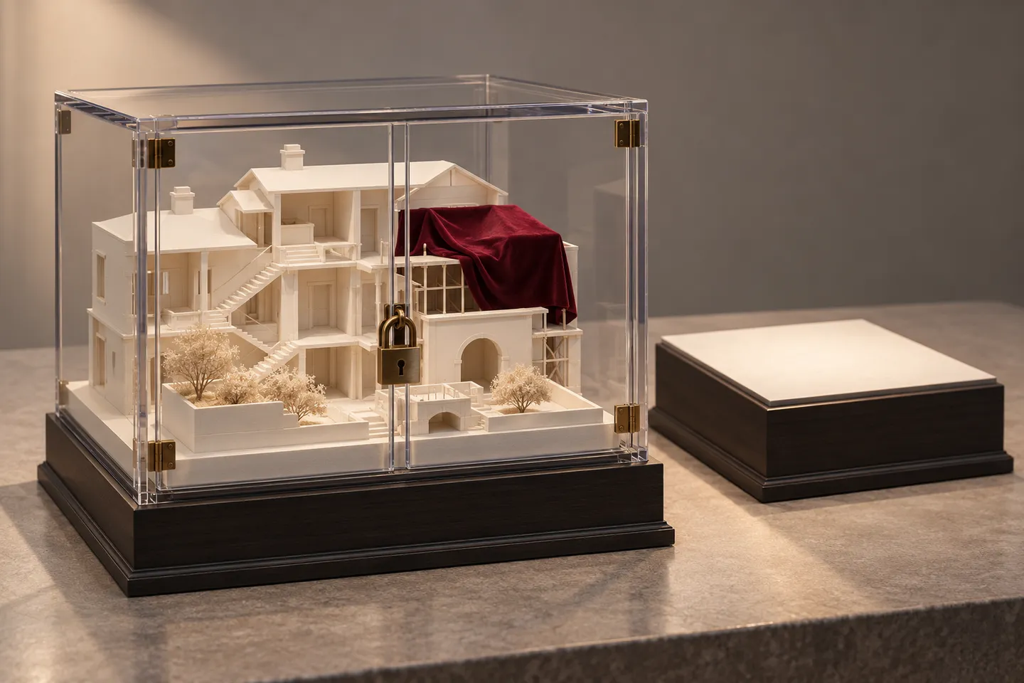 An unfinished architectural model is enclosed in a locked clear case beside an open display stand.