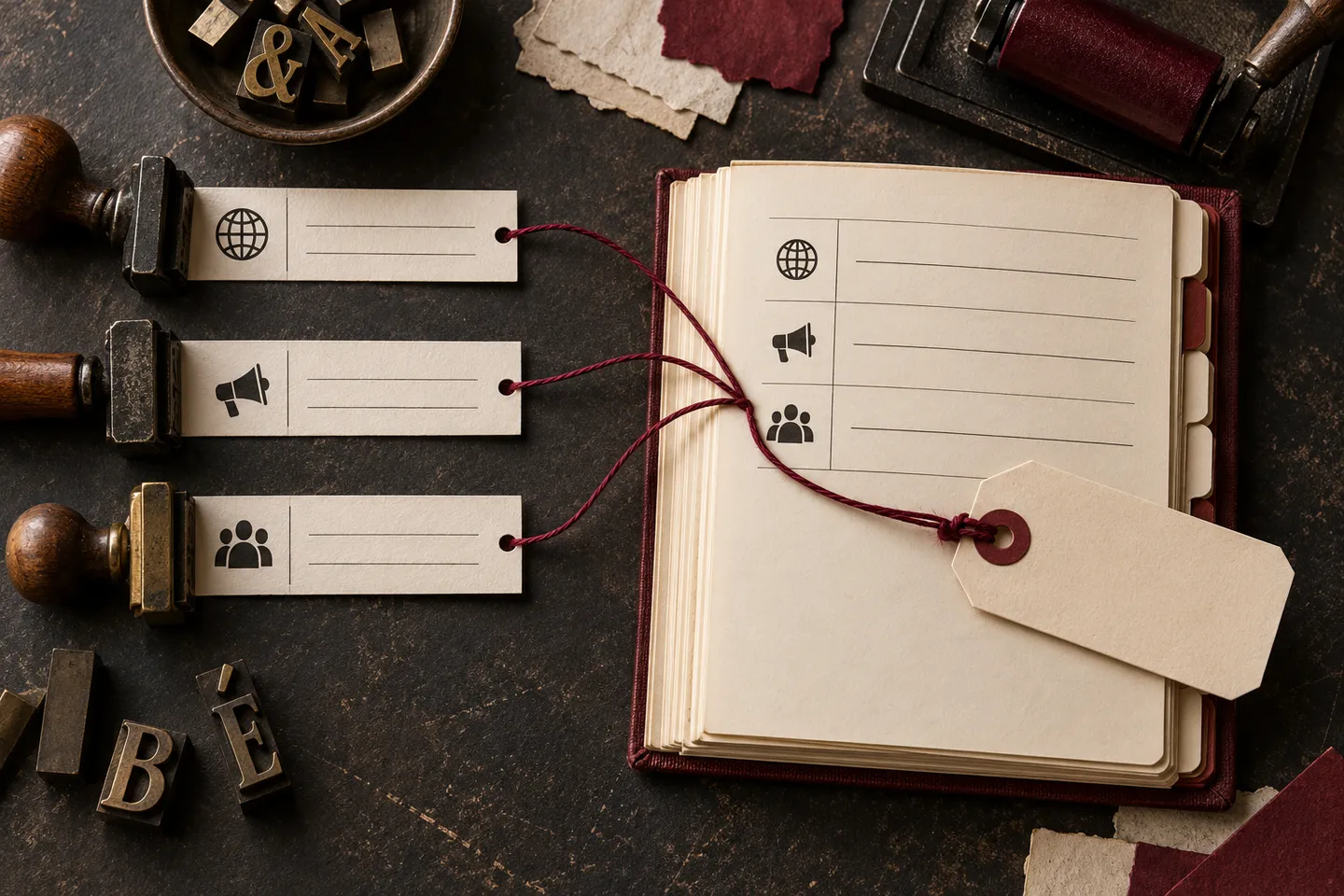 Blank campaign tags and burgundy strings connect categories to an indexing book.