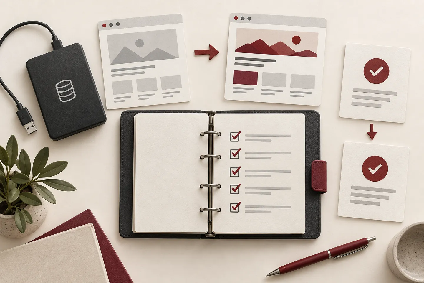 Editorial illustration of a handover checklist, backup drive, before-and-after page cards and approvals.