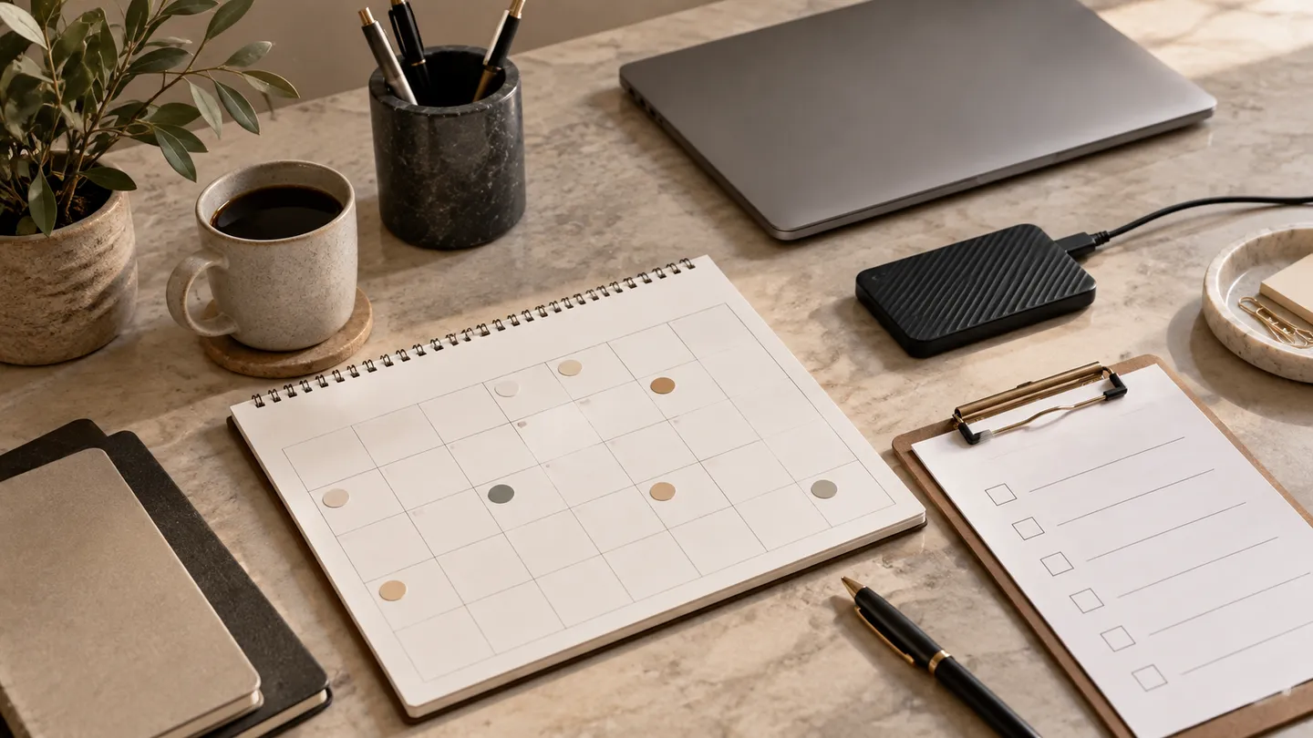 Editorial illustration of a planner, storage device and checklist for ongoing website care.